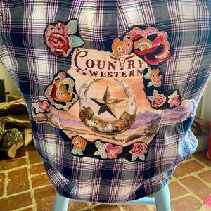 Croft and Barrow Plaid “Country Western”Appliqué Sunset and Floral Accents